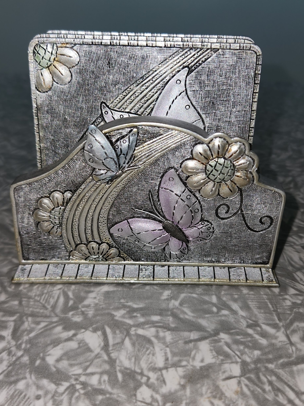 Source Unknown Silver Floral & Butterfly Napkin Holder with Pink Accents